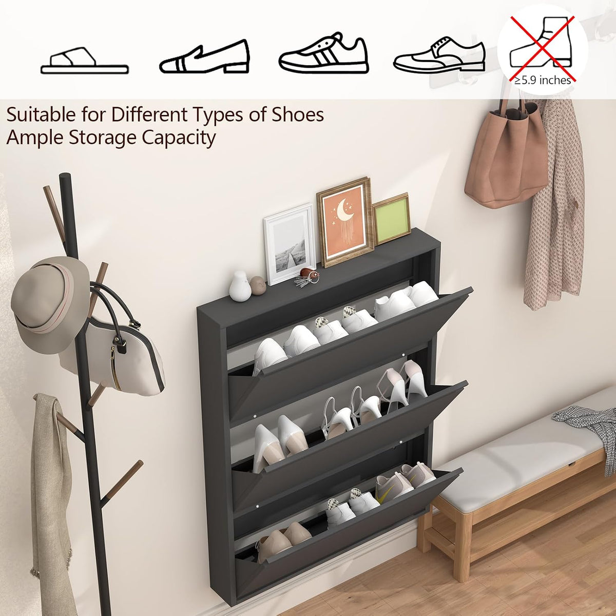 GREATMEET Slim Wall Mounted Metal Storage Cabinet with 3 Flip Drawers