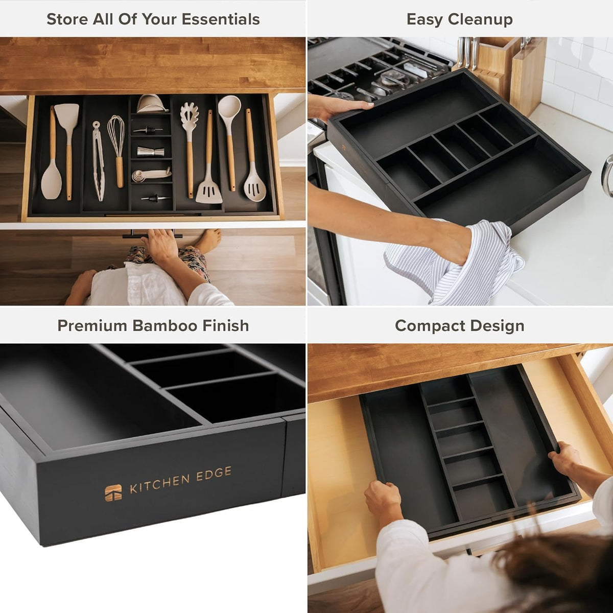 KitchenEdge Utensil & Junk Drawer Organizer, 19-33 in, Black Bamboo