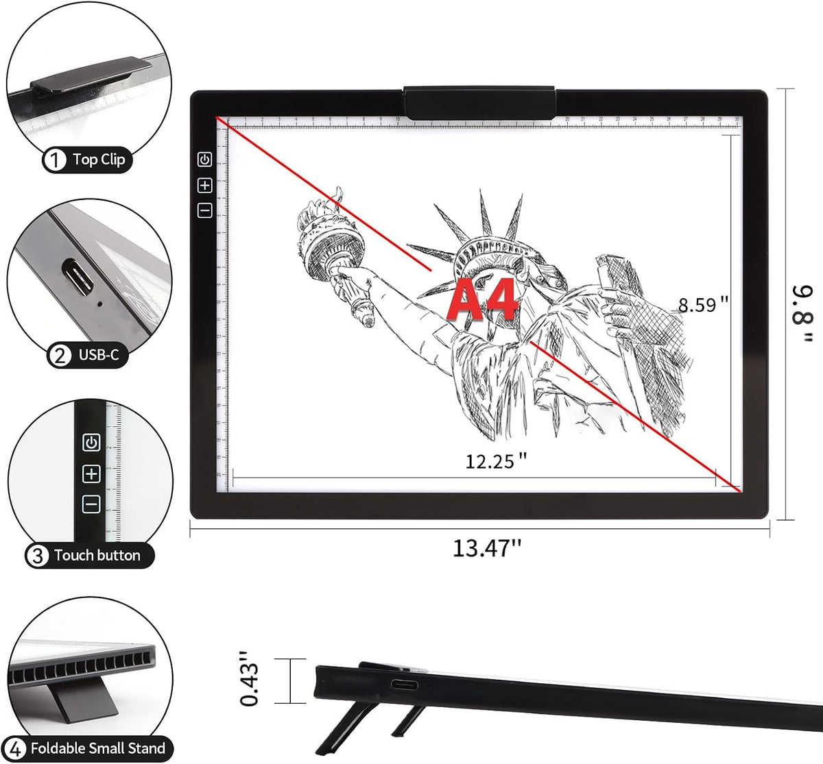 rechargeable a4 light pad - stepless dimmable 6, side view