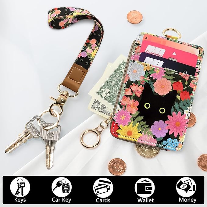 bolimoss Black Cat Flower Lanyard Wallet, Pu Leather Women Zid ID Case - Image 6