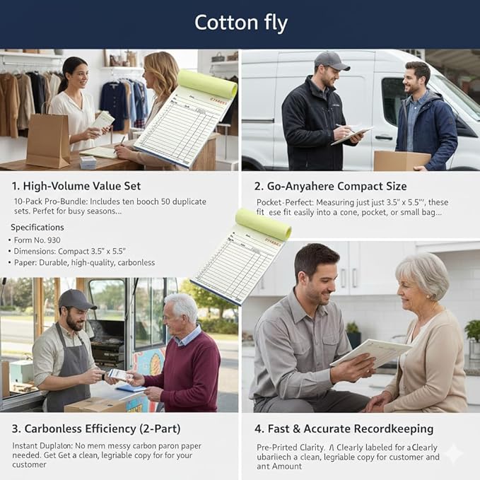 Cotton Fly Sales Order Receipt Book | 3.5" x 5.5" Small Carbonless 2-Part - Image 3