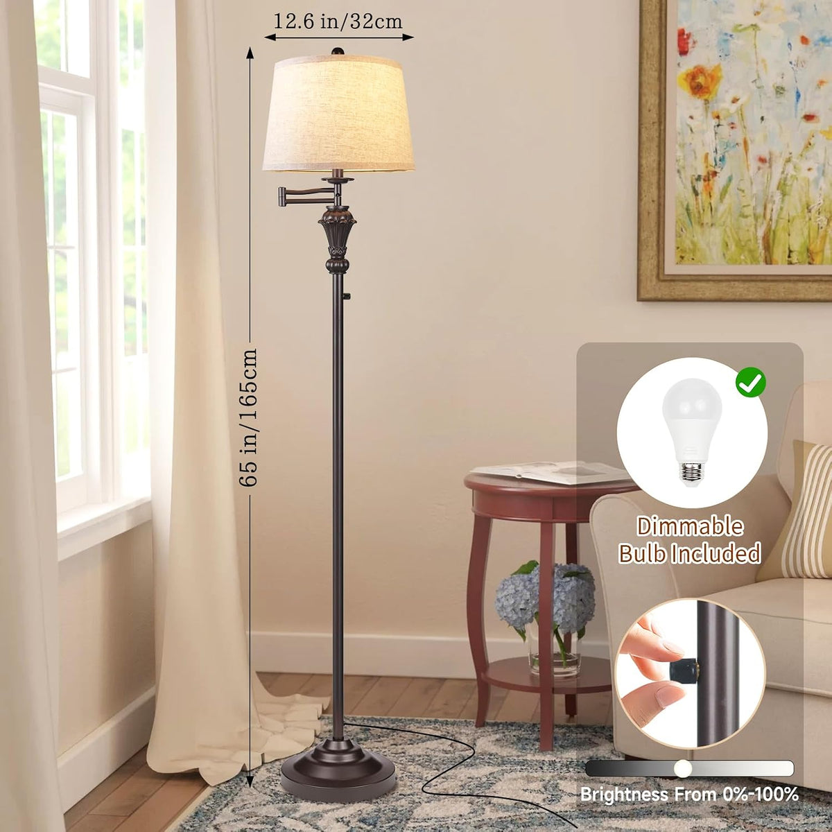 Dimmer Vintage Floor Lamp,Tall Standing Lamp with Adjustable Swing Arm,Brown ...