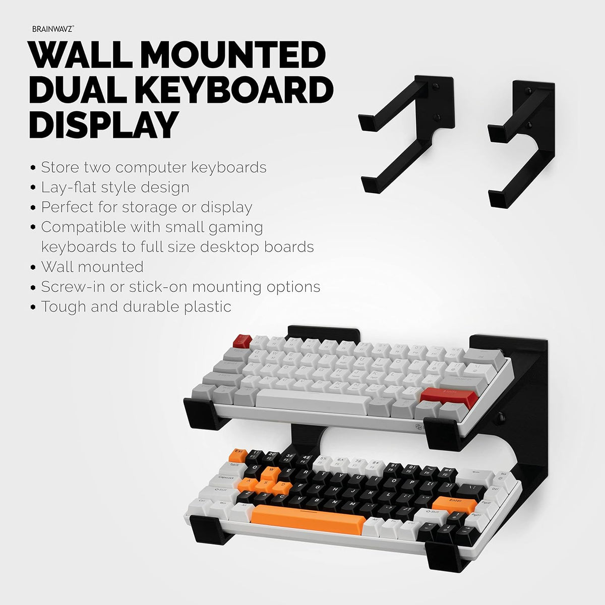 BRAINWAVZ Dual Gaming Keyboard Stand for Wall Mounting - Adhesive or Screw Mo...