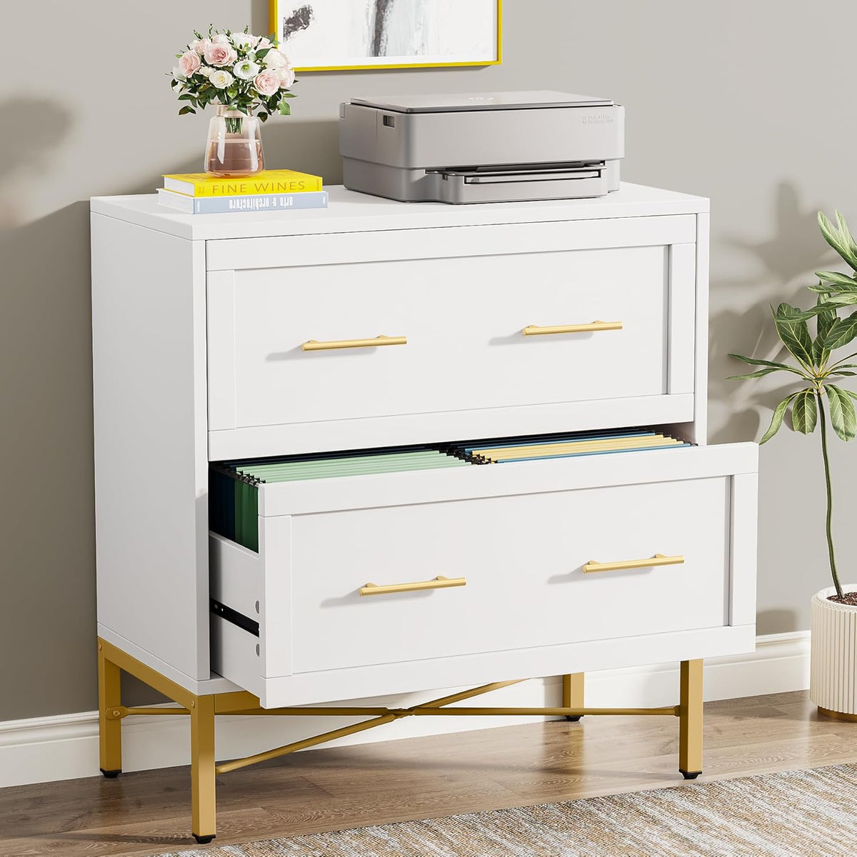 tribesigns modern white 2 drawer file cabinet, lateral shown in use