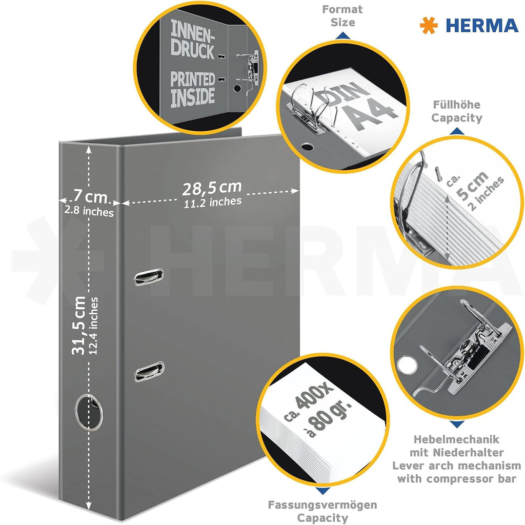 HERMA A4 Lever Arch File Happy Unicorn, 70mm Spine, Heavy Duty Folder with Animal Motif, Glossy Finish & Inner Print, Kids Ring Binder, Archiving Folder & Storage File Organizer