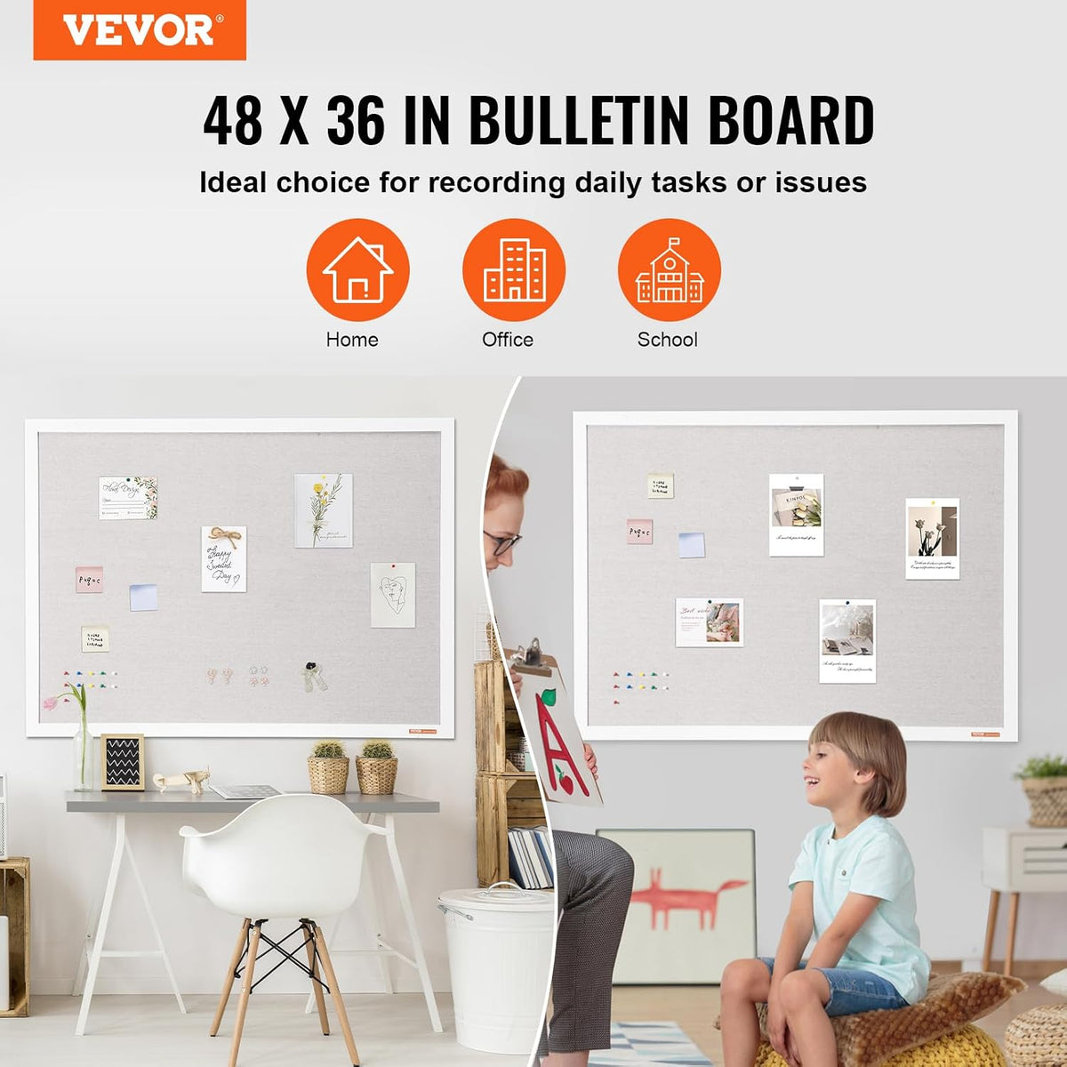 VEVOR 48"x36" White Cork Board with Linen Surface – Stylish Wall-Mo...
