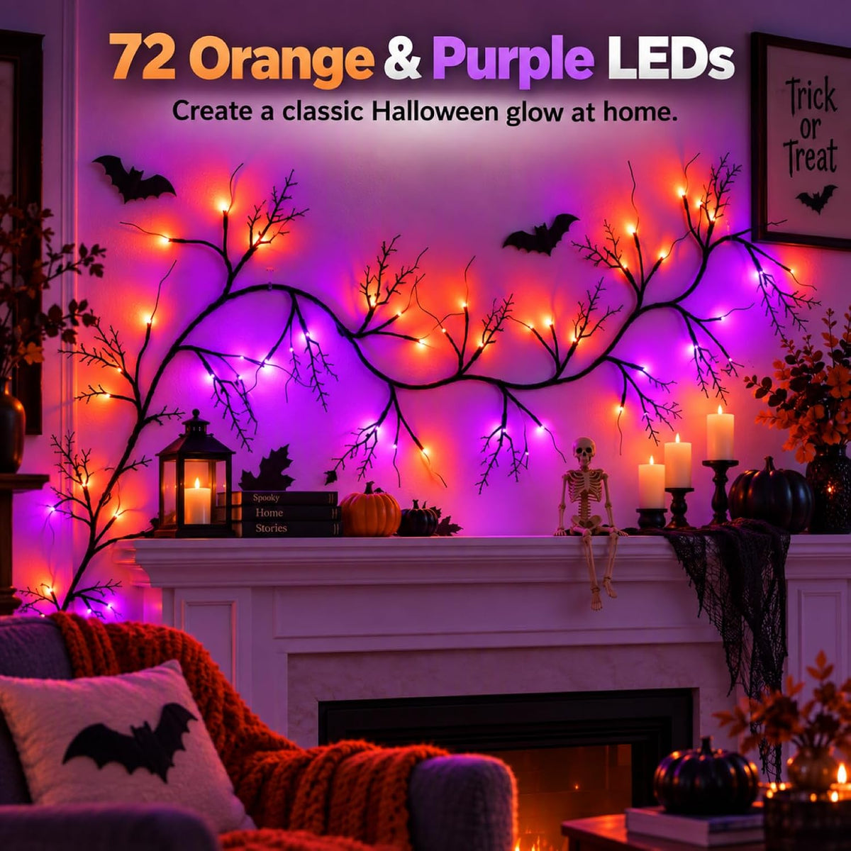 Halloween Garland with Orange & Purple Lights, 9 FT Bendable Black Branch