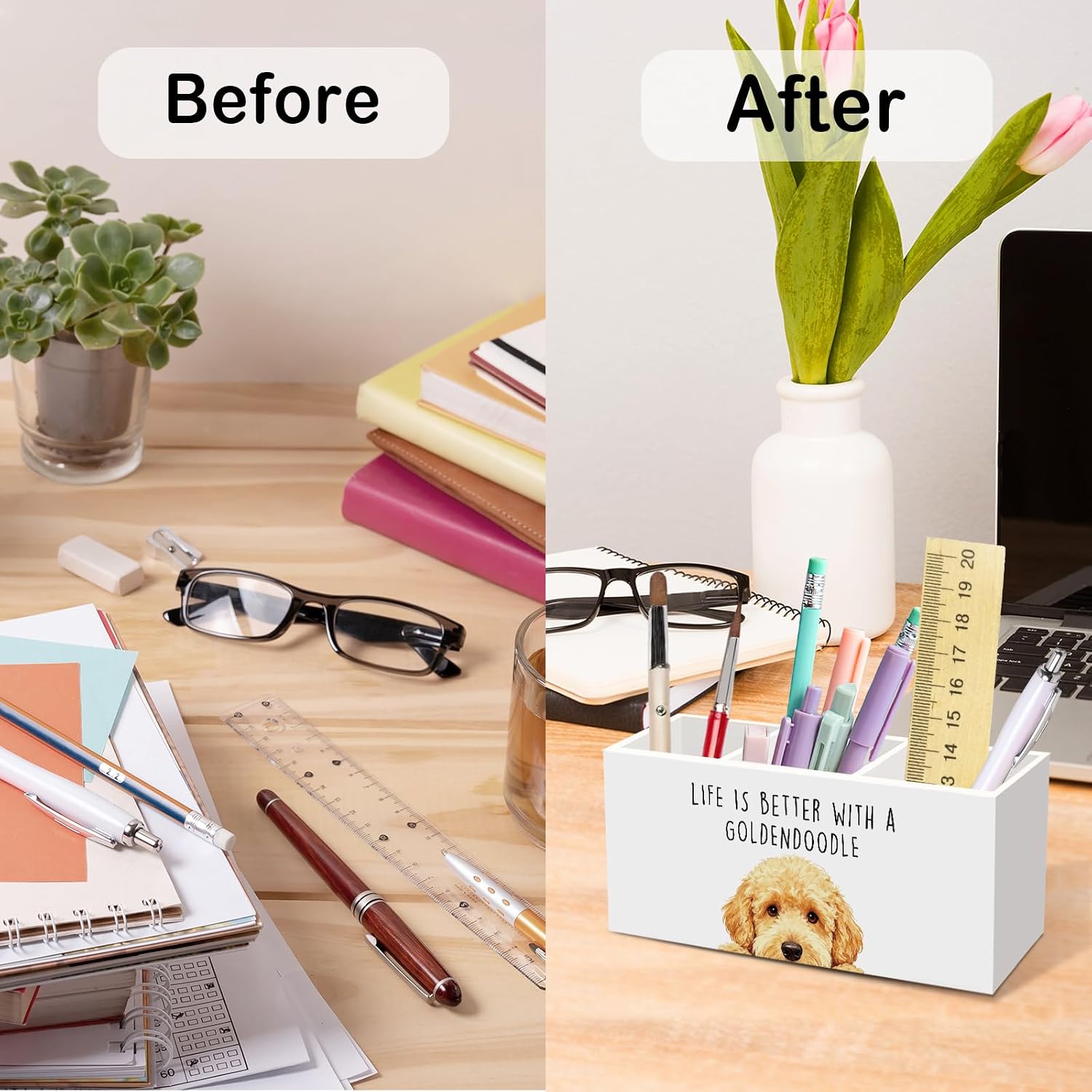 Goldendoodle Dog Gifts Pen Pencil Holder for Desk, Funny Golden Doodle Dog Gift Office Desk Accessories, Life Is Better with a Goldendoodle Pen Holders Organizer for Women Bathroom Decor