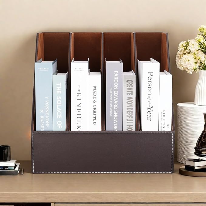 KINGFOM 4-Slot Wood Leather Document Files Holder Rack Stand Desk Files - Image 7