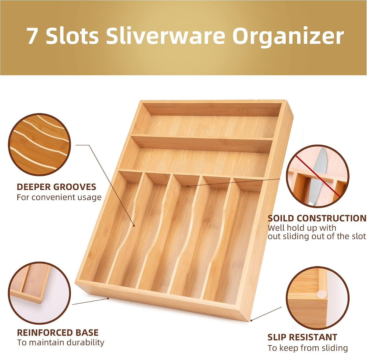 13" Bamboo Kitchen Drawer Organizer,7 Slots Silverware Cutlery Organizer