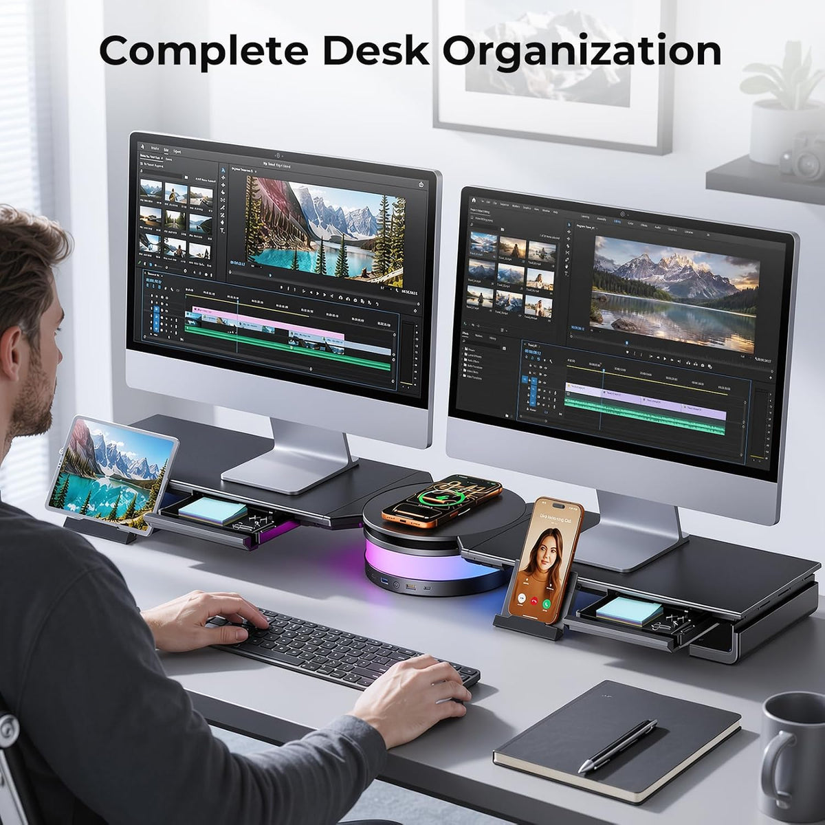 Dual Monitor Stand Riser with USB Hub, 15W Wireless Charging & RGB