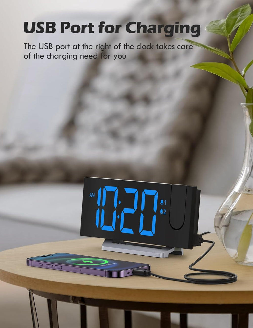 projection alarm clock with fm radio, digital clock showing dimensions