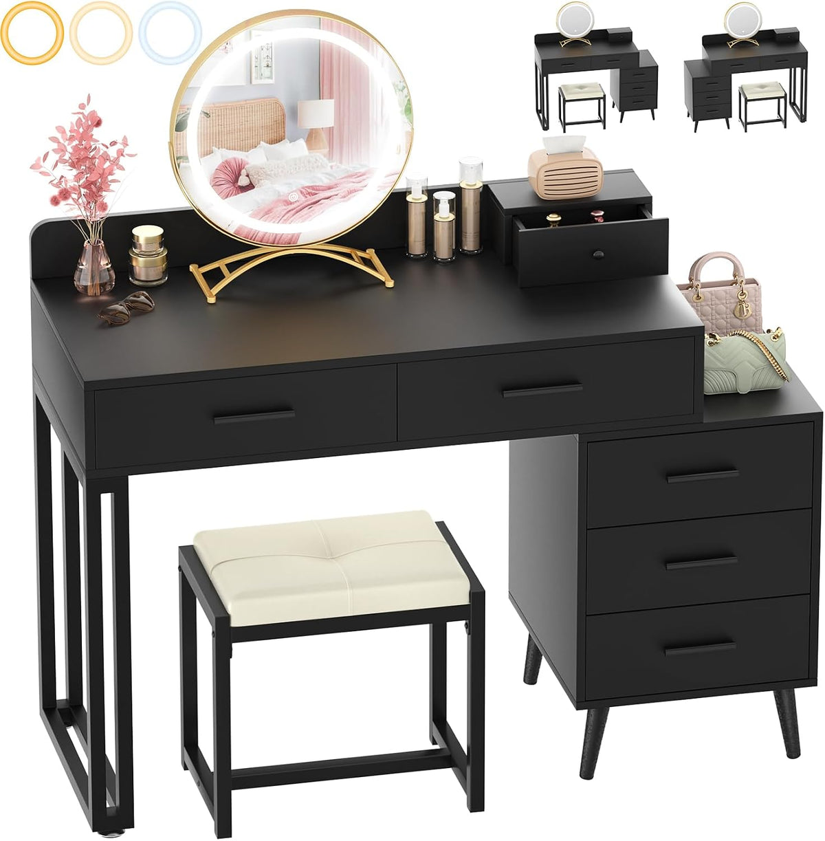 Armocity Black Vanity Desk with Mirror and Lights, Modern Makeup Vanity Table...