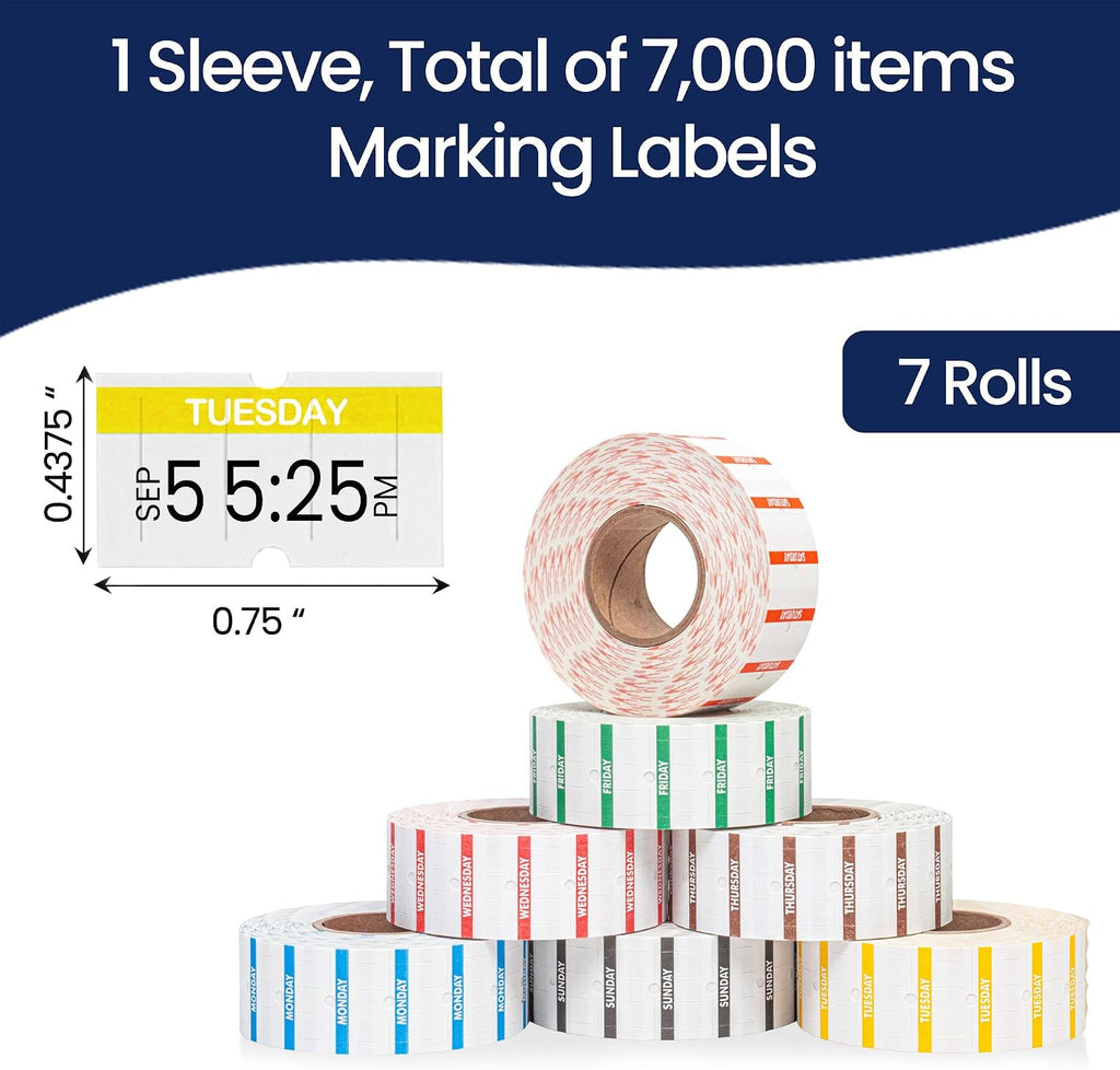 Perco 1 Line Day of The Week Labels - 7,000 Blank Dating Labels for Perco Lite, X, Plus and Pro 1 Line Date Guns - 7 Rolls (Full Week), 1 Sleeve - Made in USA