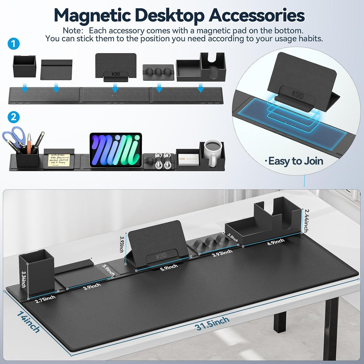 kdd desk pad mat set, 6 in 1 showing dimensions