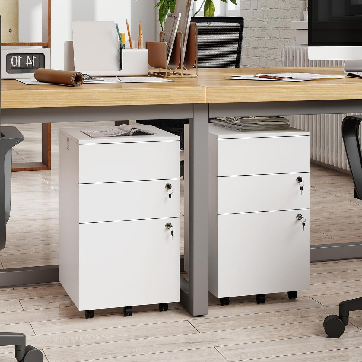 Giantex 3-Drawer File Cabinet with Lock, 27-Inches Storage Cabinet with 2 Side Hooks, Mobile Printer Stand, Wheels, 4 Keys, Vertical Filing Organizer fits Letter/A4 Size for Home Office (White)
