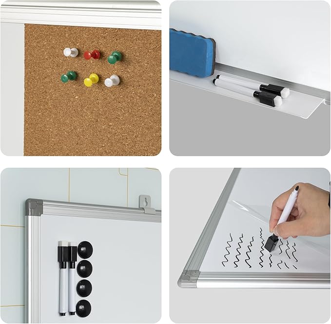 Combination Writeboard 24"x 18" Magnetic Whiteboard & Cork Board Aluminium - Image 4