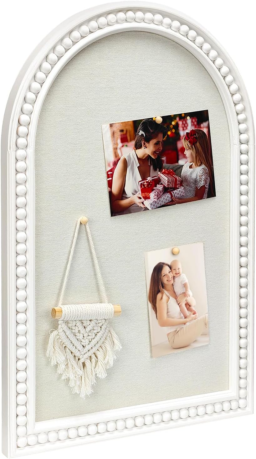 16" x 24" Linen Bulletin Board, Arched White Wood Frame with Beaded...