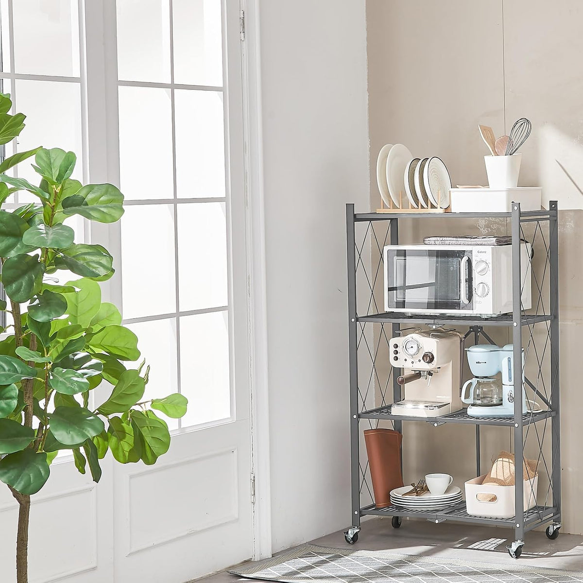 BRIAN & DANY 4-Tier Foldable Storage Shelves with Wheels, Folding Metal R...