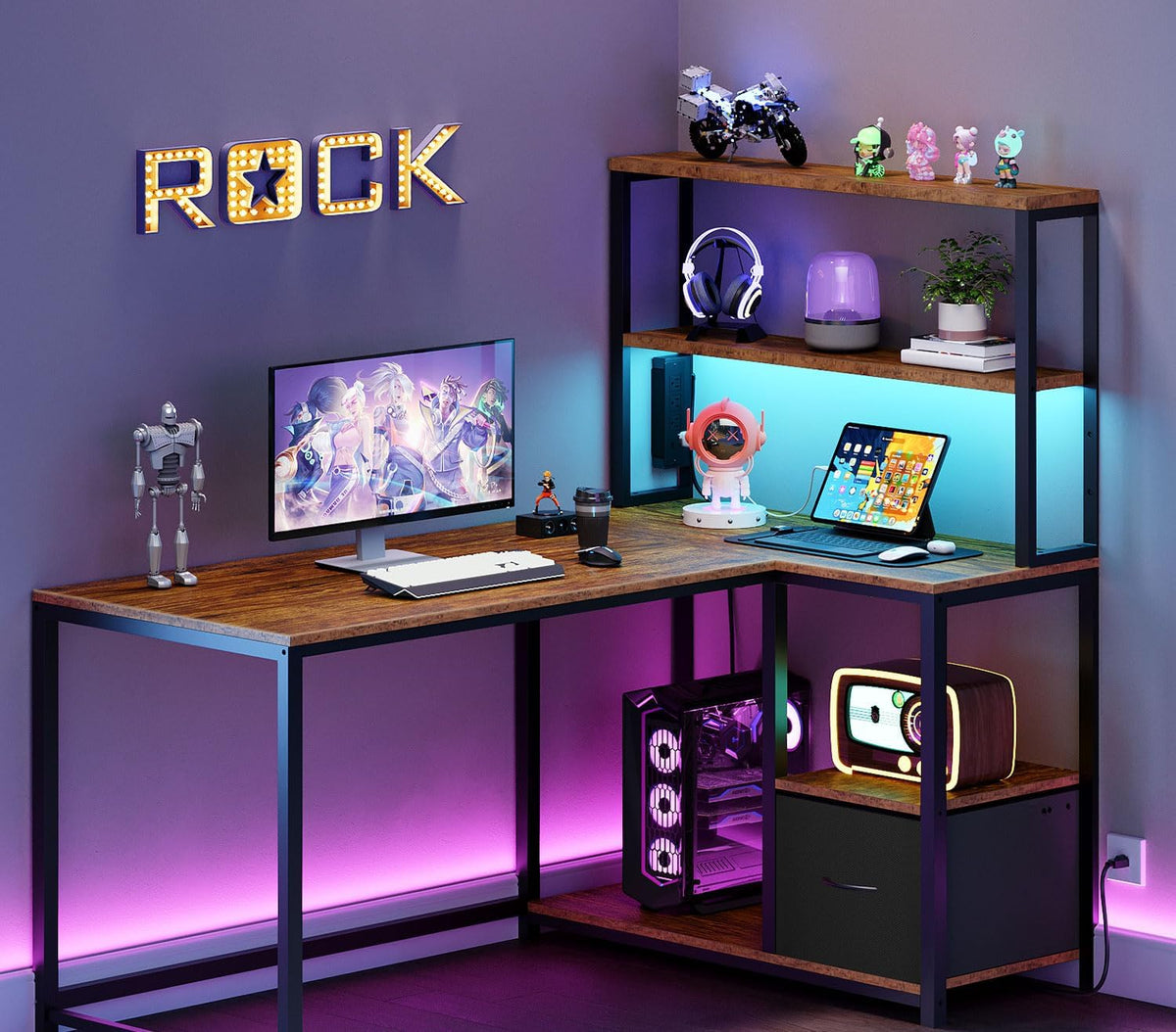 HOOBRO L Shaped Gaming Desk, 46 Inch Reversible Computer Desk with LED Light ...