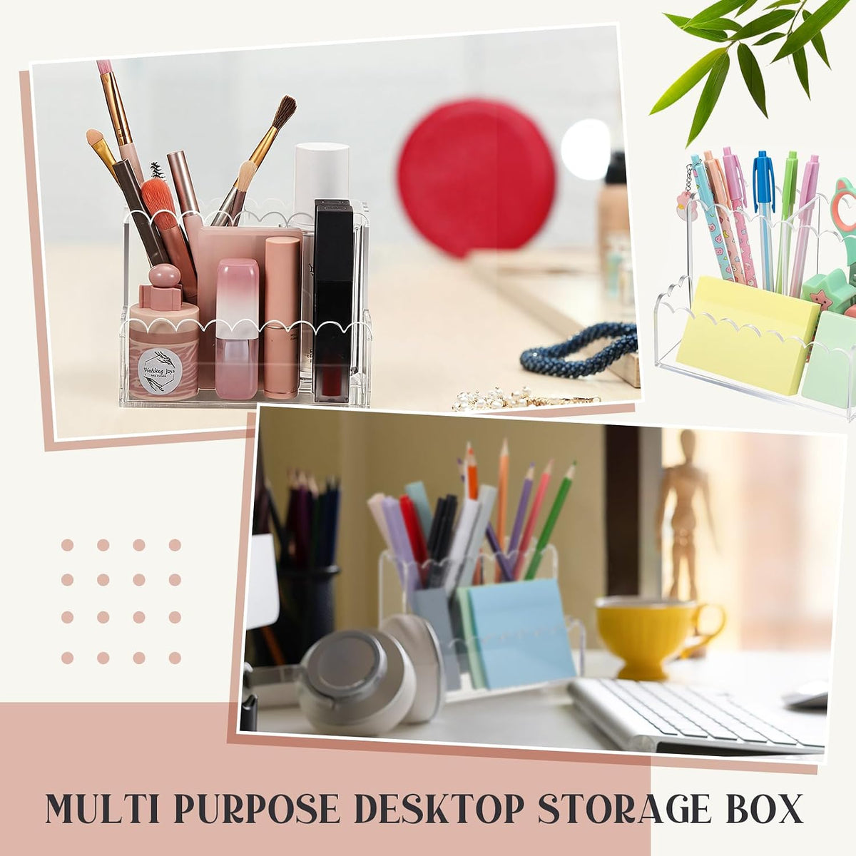 Scalloped Acrylic Pencil Holder for Desk, 3 Compartments