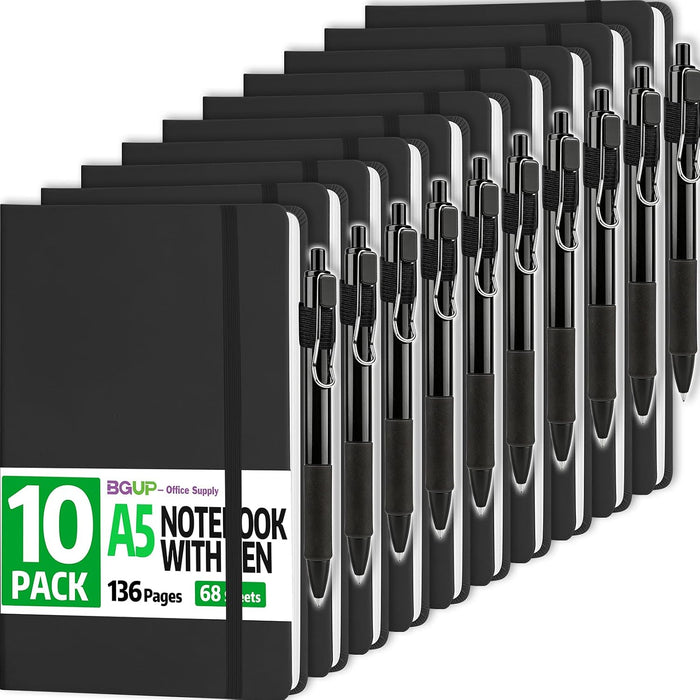 10 Pack Lined Journal Notebook with Pen, A5 Hardcover Leather Journal 5.5"*8.3", Black 136 Pages College Ruled Notebooks and Pen Set for Office School Business Supplies