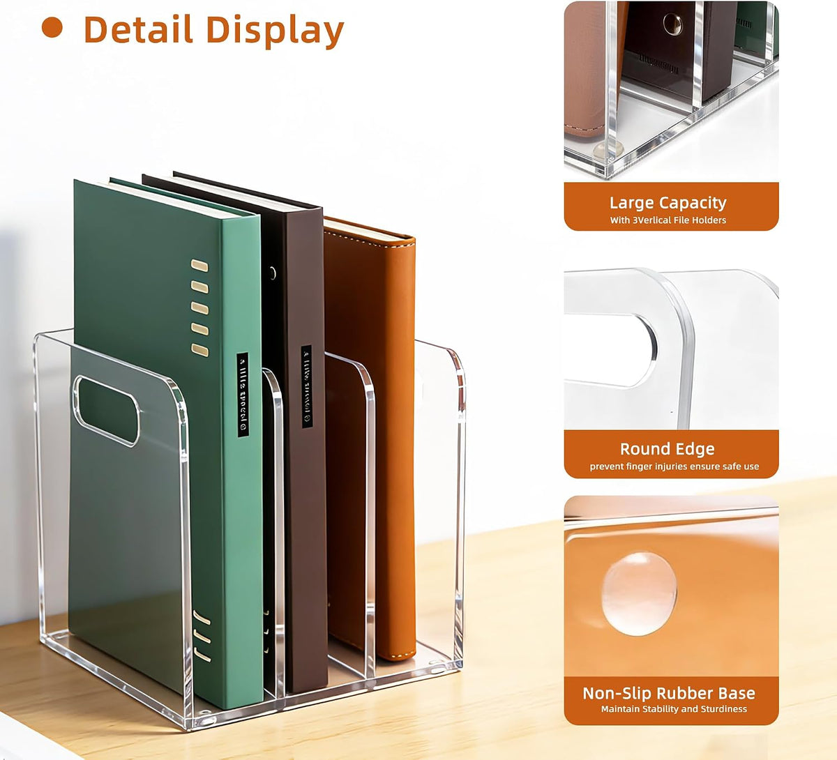 Clear Acrylic Magazine File Holder, 3 Compartment Desk Organizer
