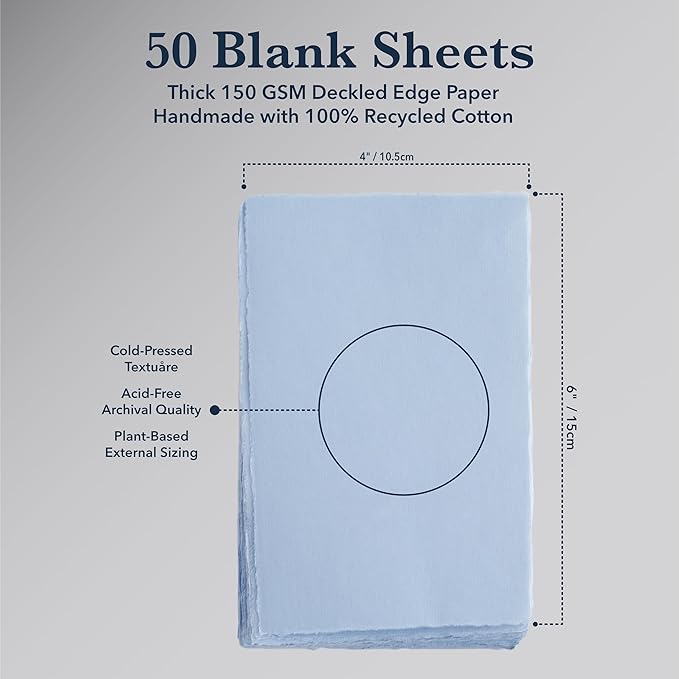 Wanderings 50 Pack Blue A6 Handmade Deckled Edge Cotton Paper - Image 4