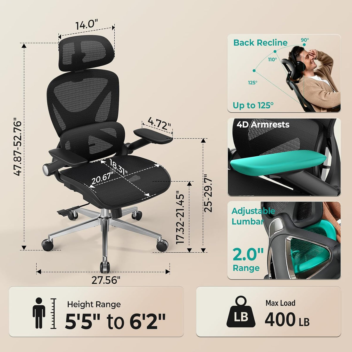 capot ergonomic mesh office chair, adjustable lumbar high shown in use