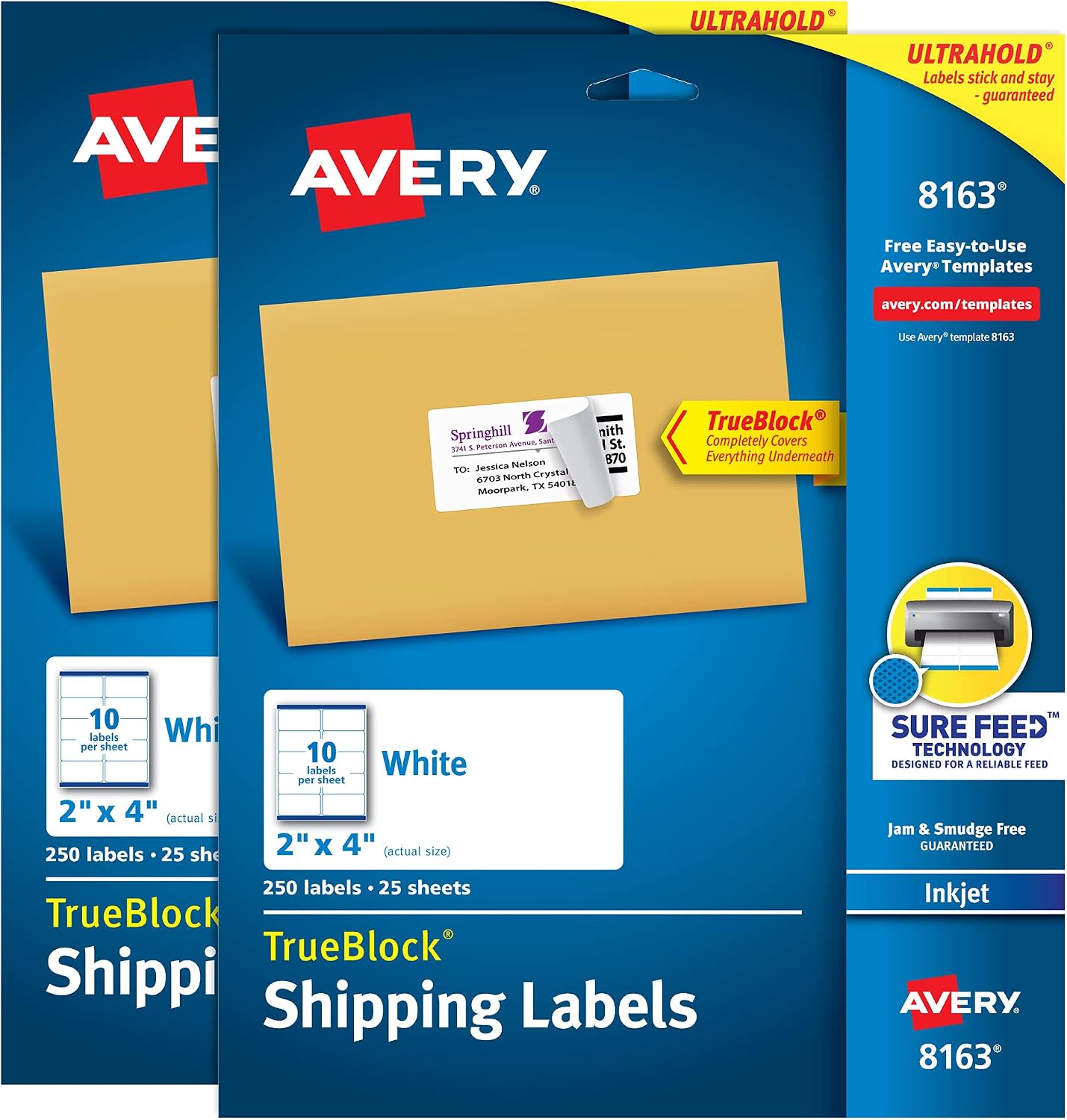Avery Printable Shipping Labels with Sure Feed, 2" x 4" Customizable Stickers, White, 500 Blank Mailing Labels Total, Great for Mailing, Shipping, and More (2-Pack of 8163)