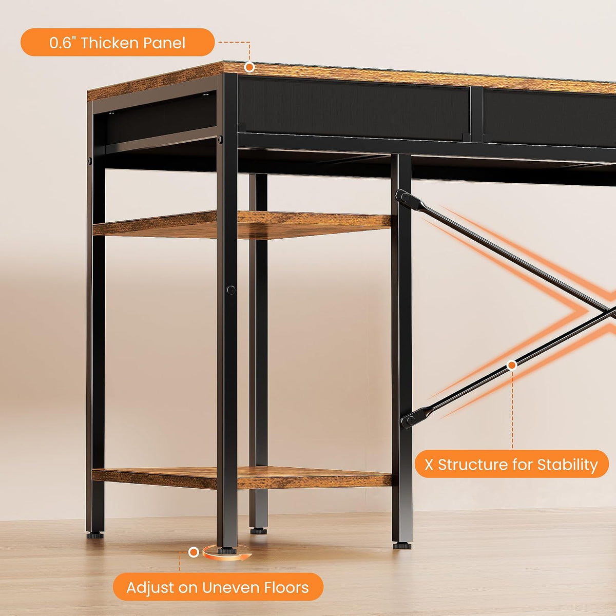 Sweetcrispy 55" Computer Desk with 6 Fabric Drawers & Storage Shelves
