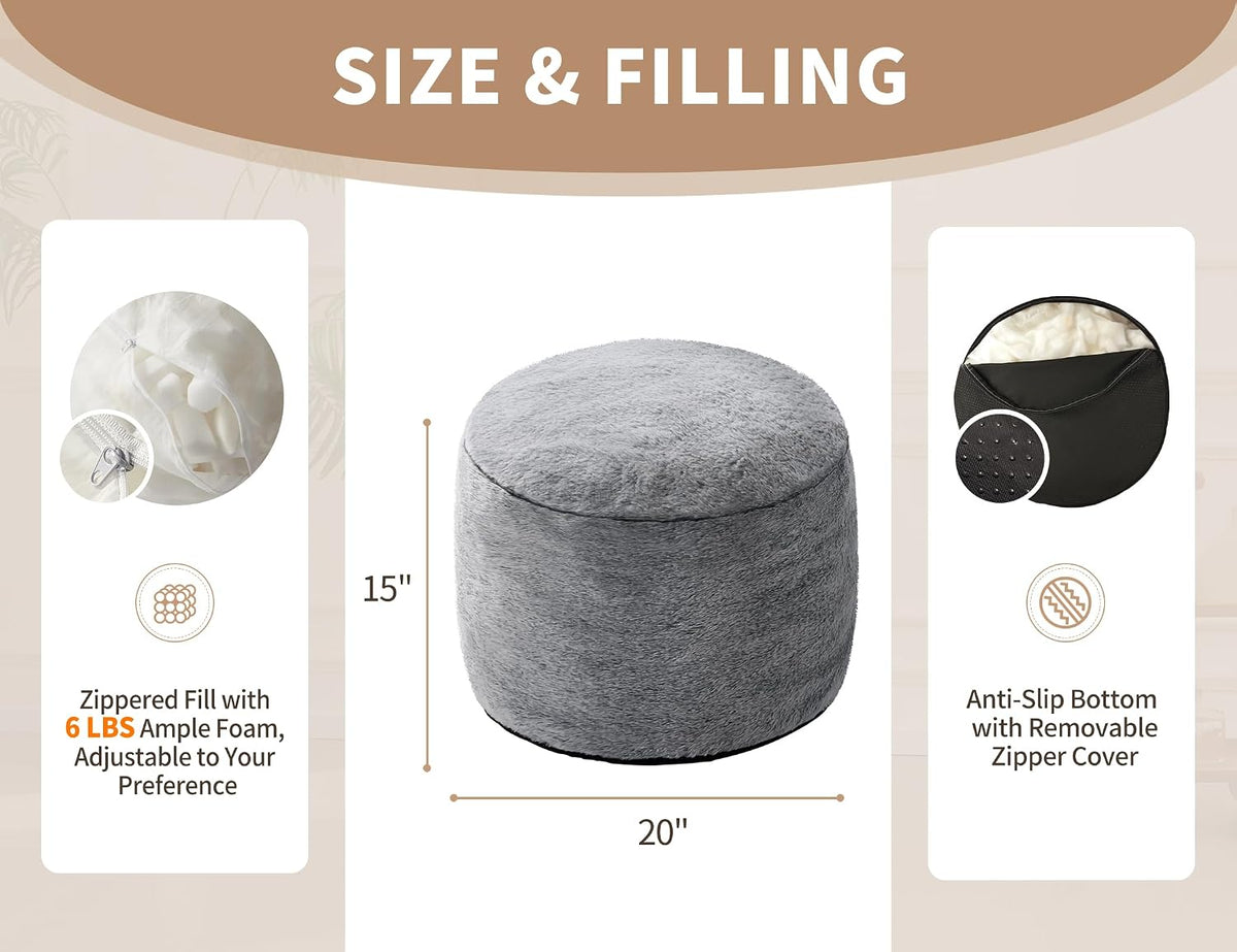 WSOFRLAC Round Pouf Ottoman, Gray Foot Stool Ottomans for Sofa, 20x15in