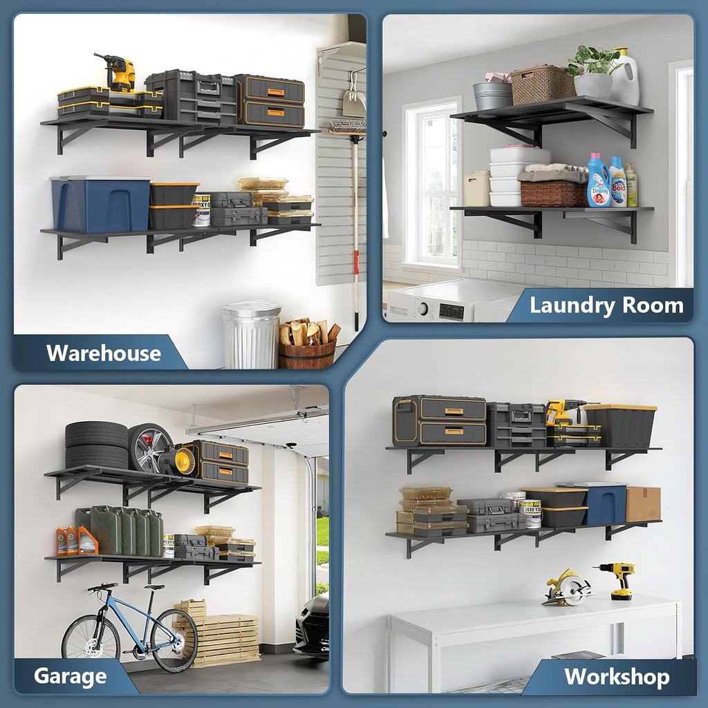 jusgym 4 pack garage shelving wall mounted, 2x3ft, front angle view