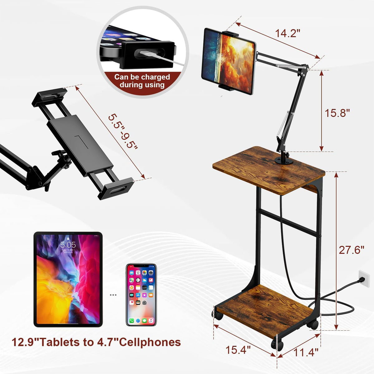 Cidaziya Floor Kindle Phone Tablet Stand with Side Table & Charging Station