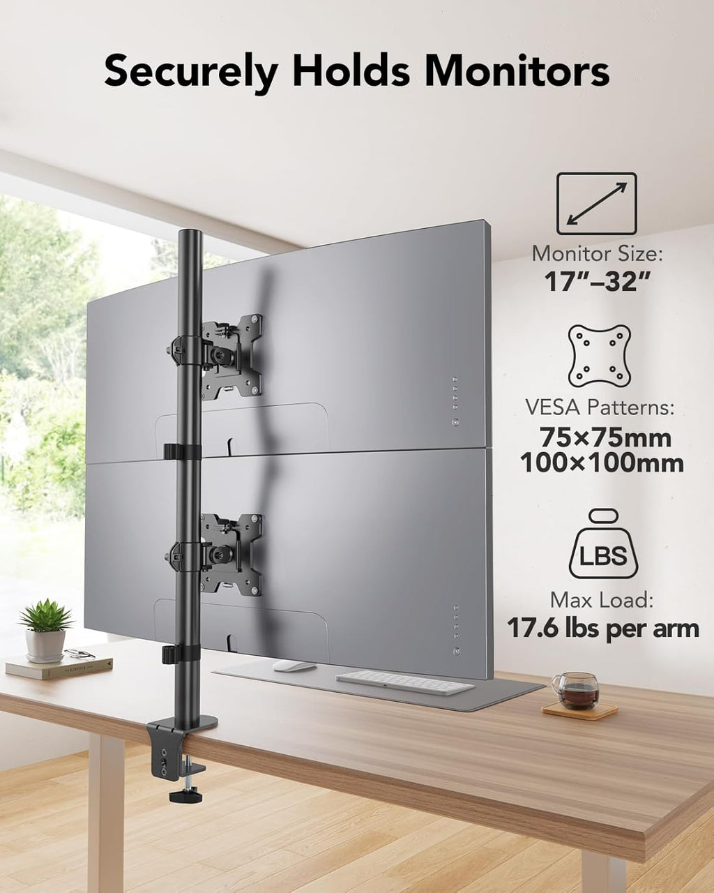 huanuo vertical dual monitor mount, stacked monitor stand shown in use