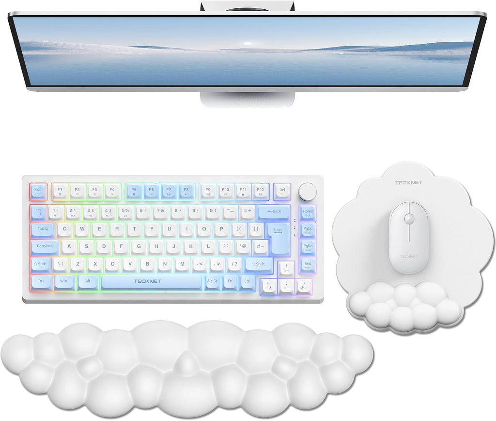 TECKNET Cloud Mouse Pad with Wrist Rest, Ergonomic Cloud Wrist Rest with Non-Slip Base, PU Leather Memory Foam Mouse Pad Wrist Support for Keyboard and Mouse, Pain Relief for Typing, Gaming, White