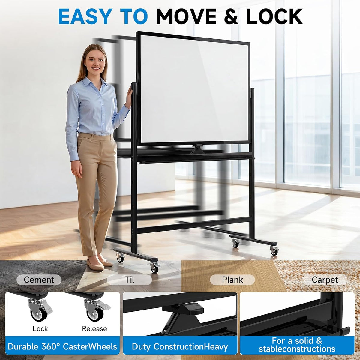 Mobile Rolling Whiteboard on Wheels 48" x 36" Double-Sided Magnetic