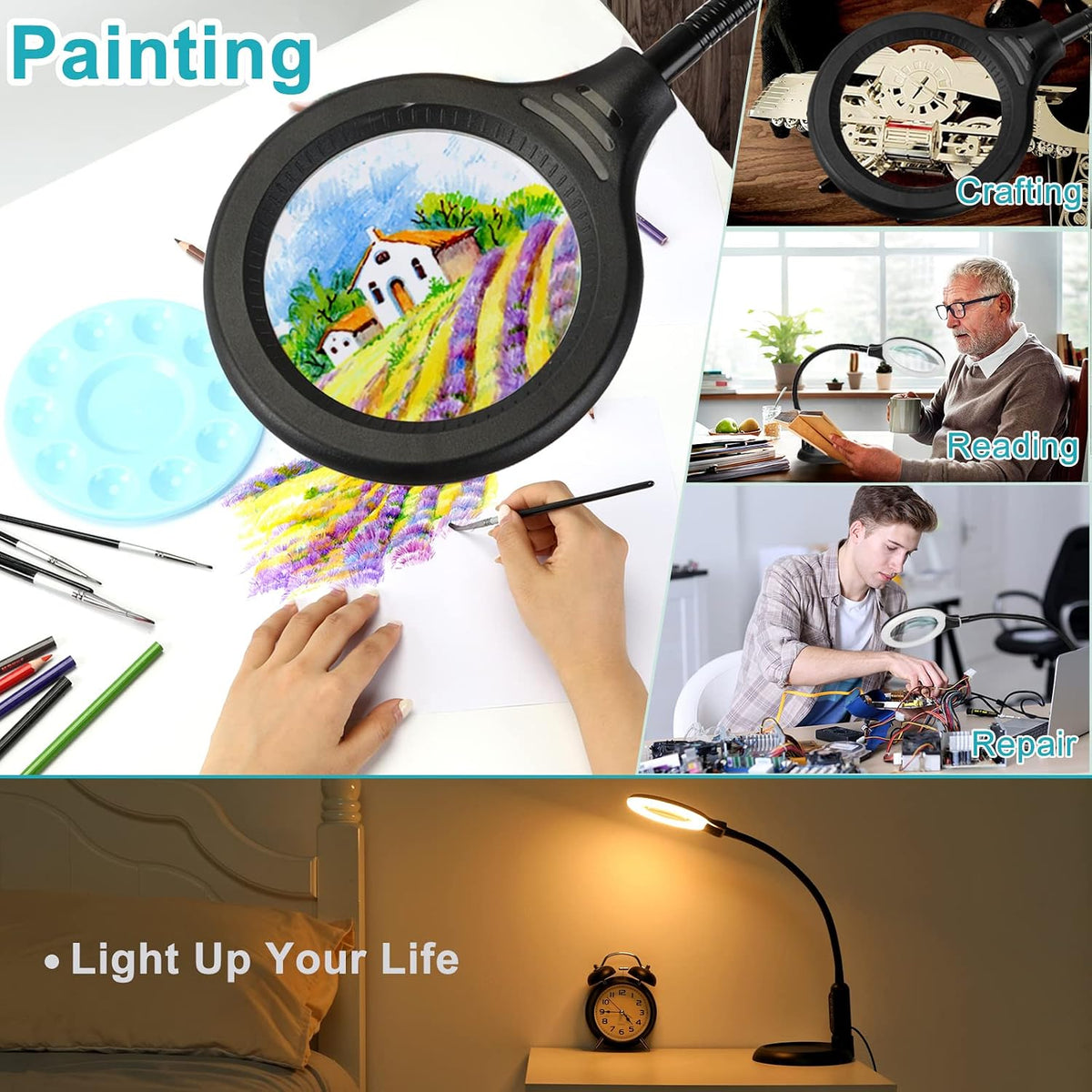 10X Magnifying Glass with Light and Clamp, 5 Color Modes Stepless Dimmable Li...