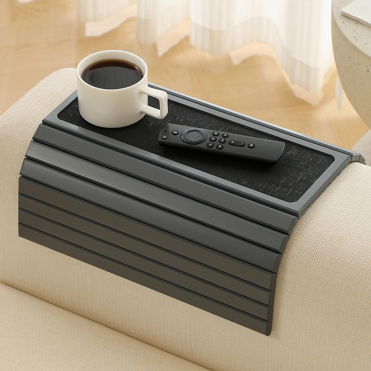 Bamboo Couch Arm Tray Table with Anti-Slip Cork Pad，Foldable Sofa Armrest Tra...