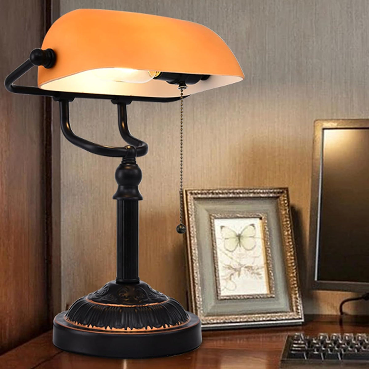 Bankers Desk Lamp with USB-A Port, Rustic Desk Lamp Pull Chain with Yellow Gl...