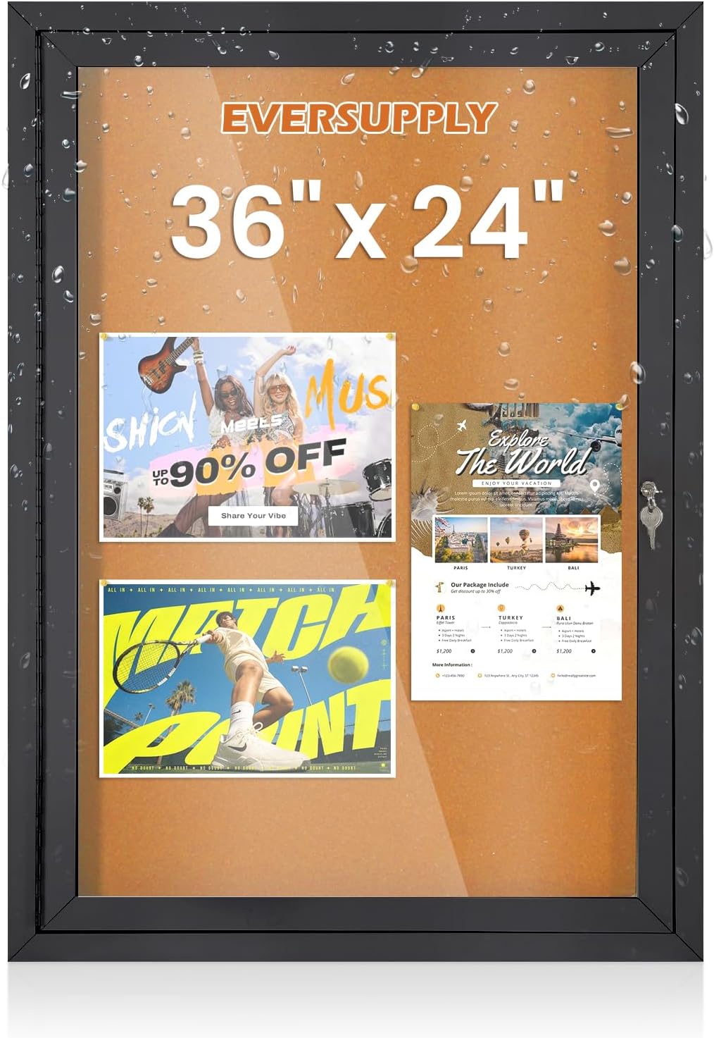 36x24 in Enclosed Bulletin Board Outdoor Cork Board Display Case, Black