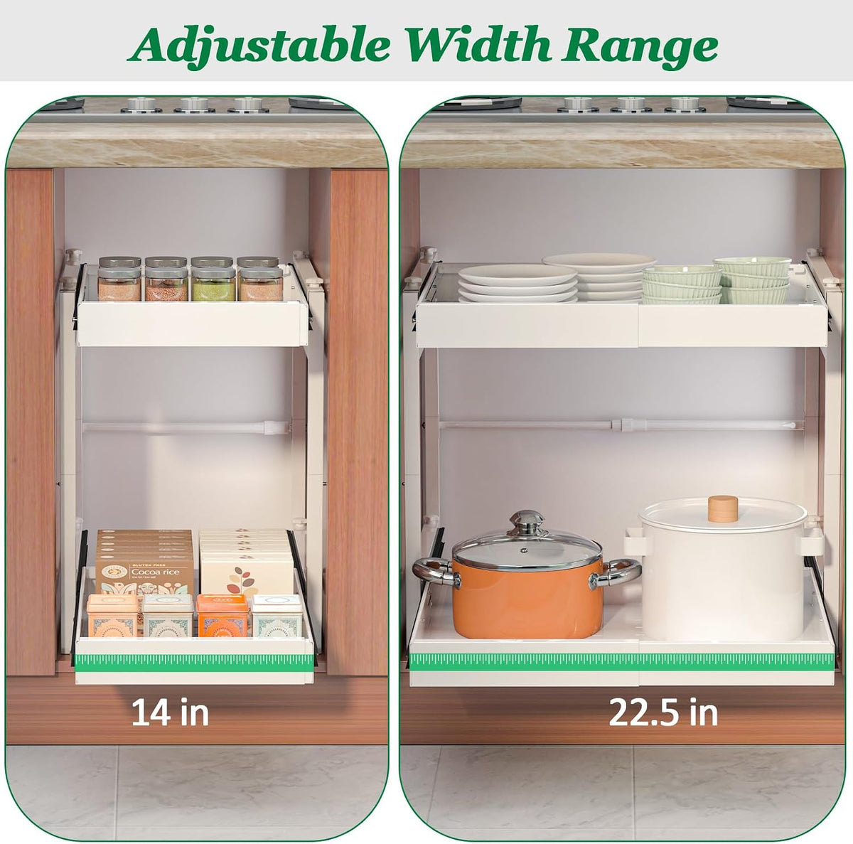 REALINN 2 Tier Pull Out Cabinet Organizer, 21 inch Depth Slide Out Shelves