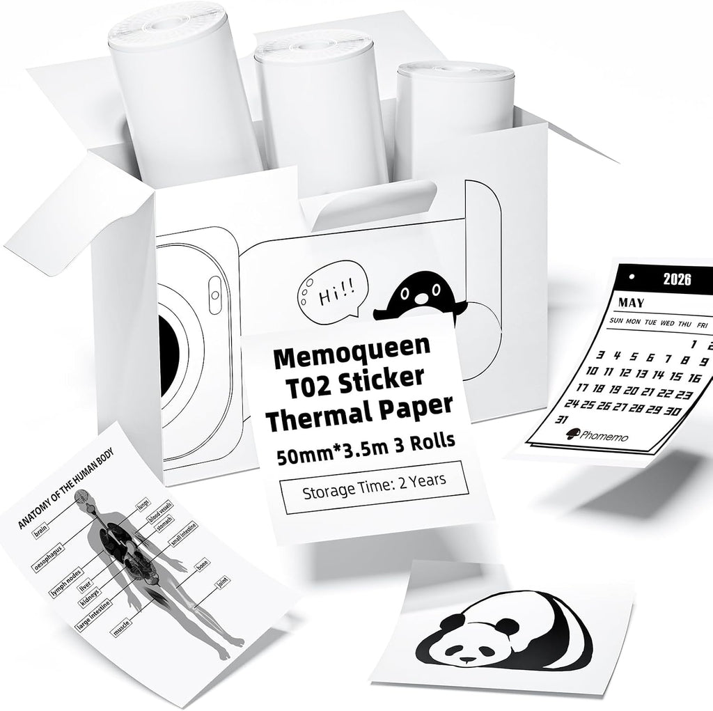 Phomemo 50mm T02 M02 White Thermal Sticker Paper, 3Rolls | Labels Sticker Paper Receipt Printer Paper, For T02 M02 M02X S002 AHM2 X6 D21 Mini Sticker Printer