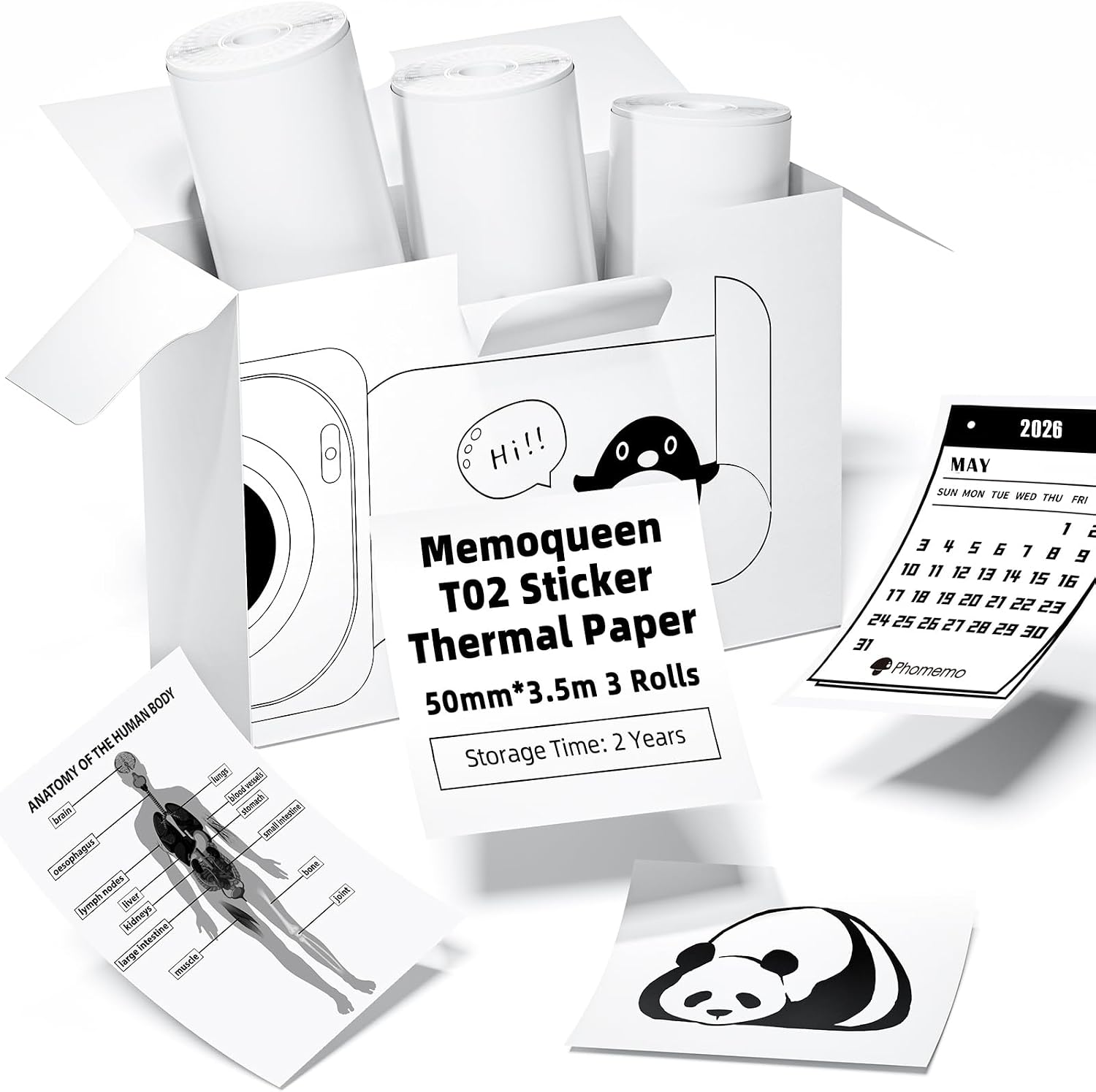Phomemo 50mm T02 M02 White Thermal Sticker Paper, 3Rolls | Labels Sticker Paper Receipt Printer Paper, For T02 M02 M02X S002 AHM2 X6 D21 Mini Sticker Printer