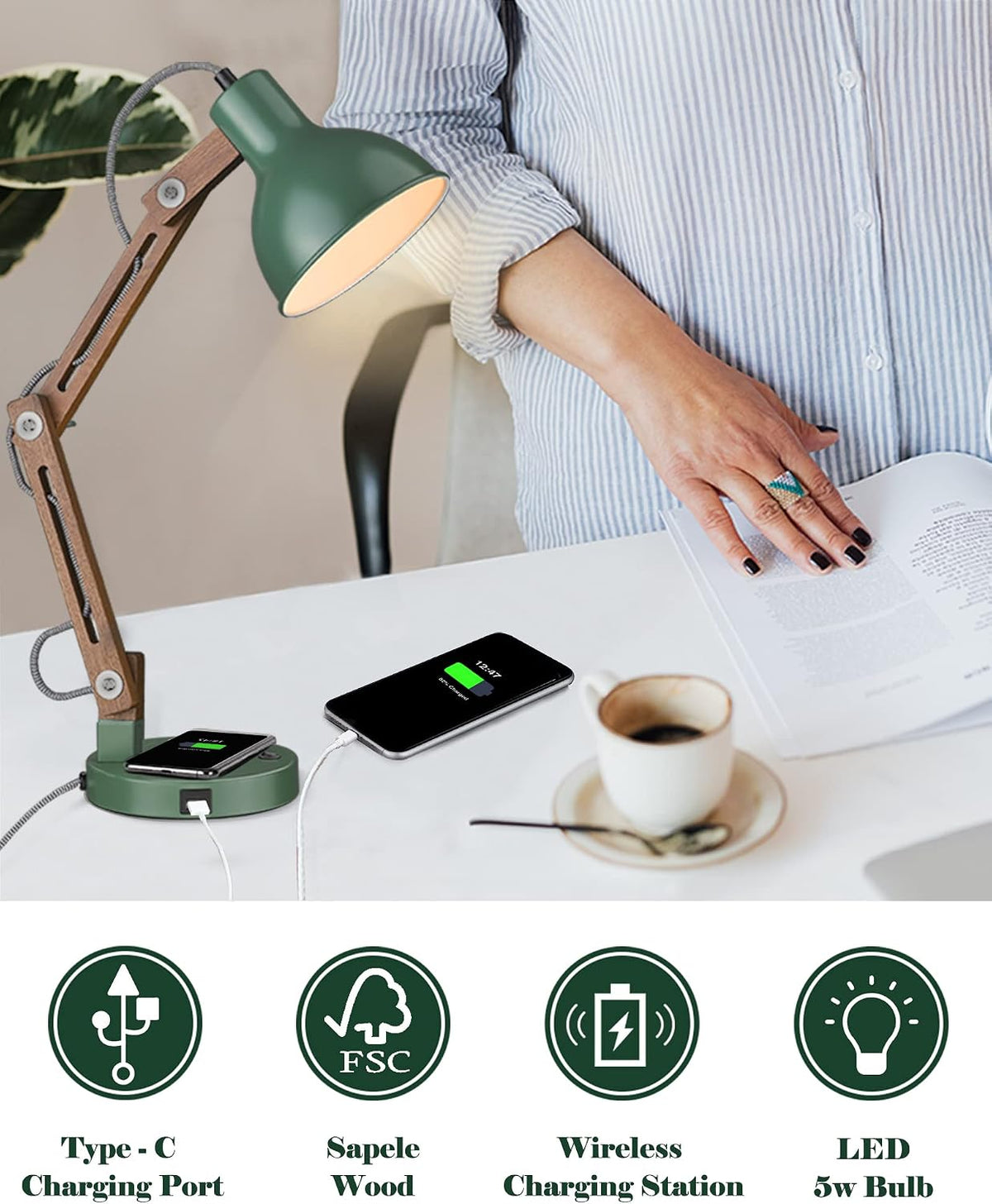 ELYONA LED Desk Lamp with Wireless Charger, Sapele Wood Reading Light with US...
