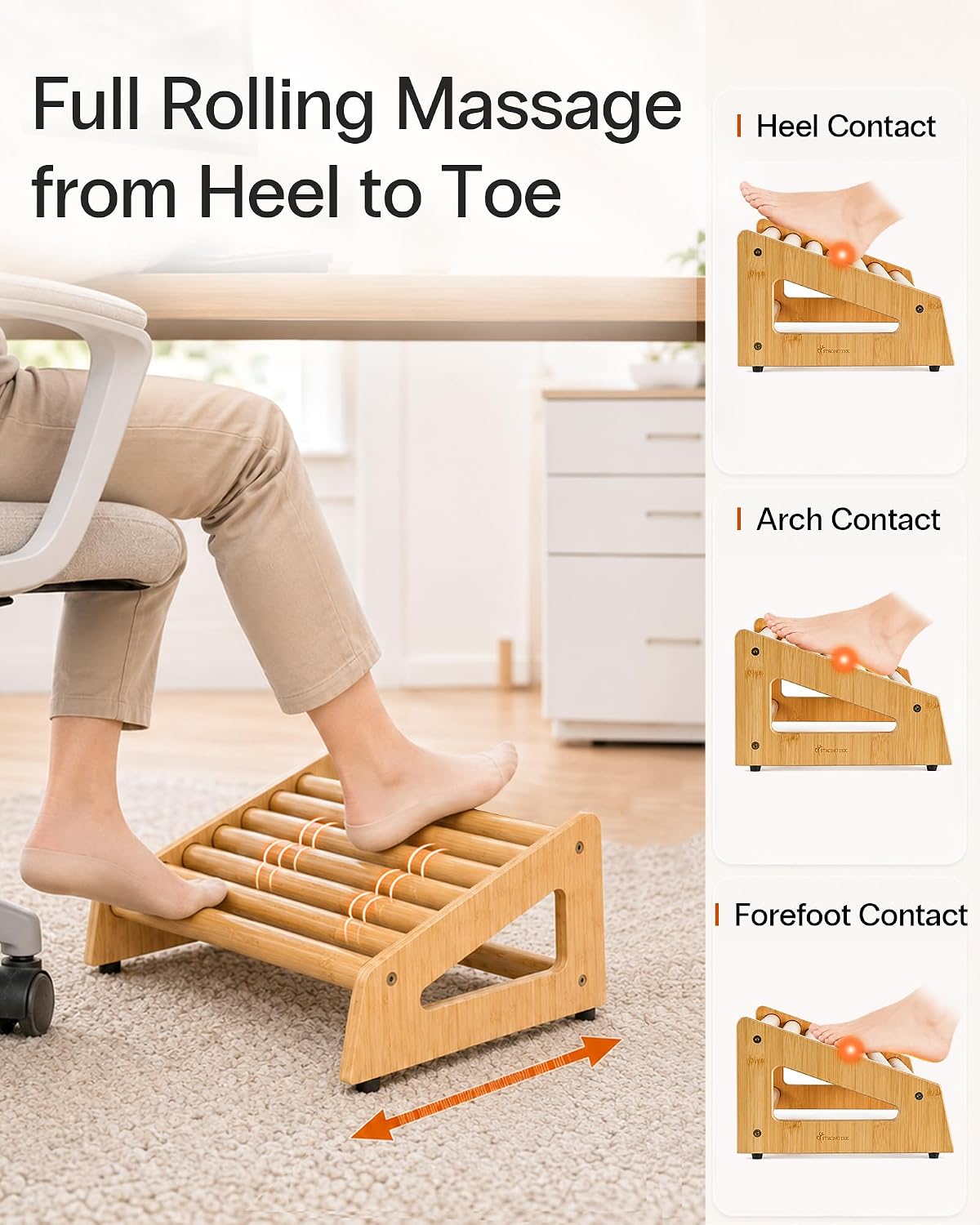 StrongTek Bamboo Foot Rest Under Desk, Ergonomic Rolling Footrest