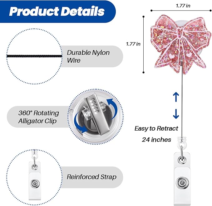 Cute Pink Bow Badge Reel | Retractable ID Card Badge Holder | Name Tag Work - Image 3