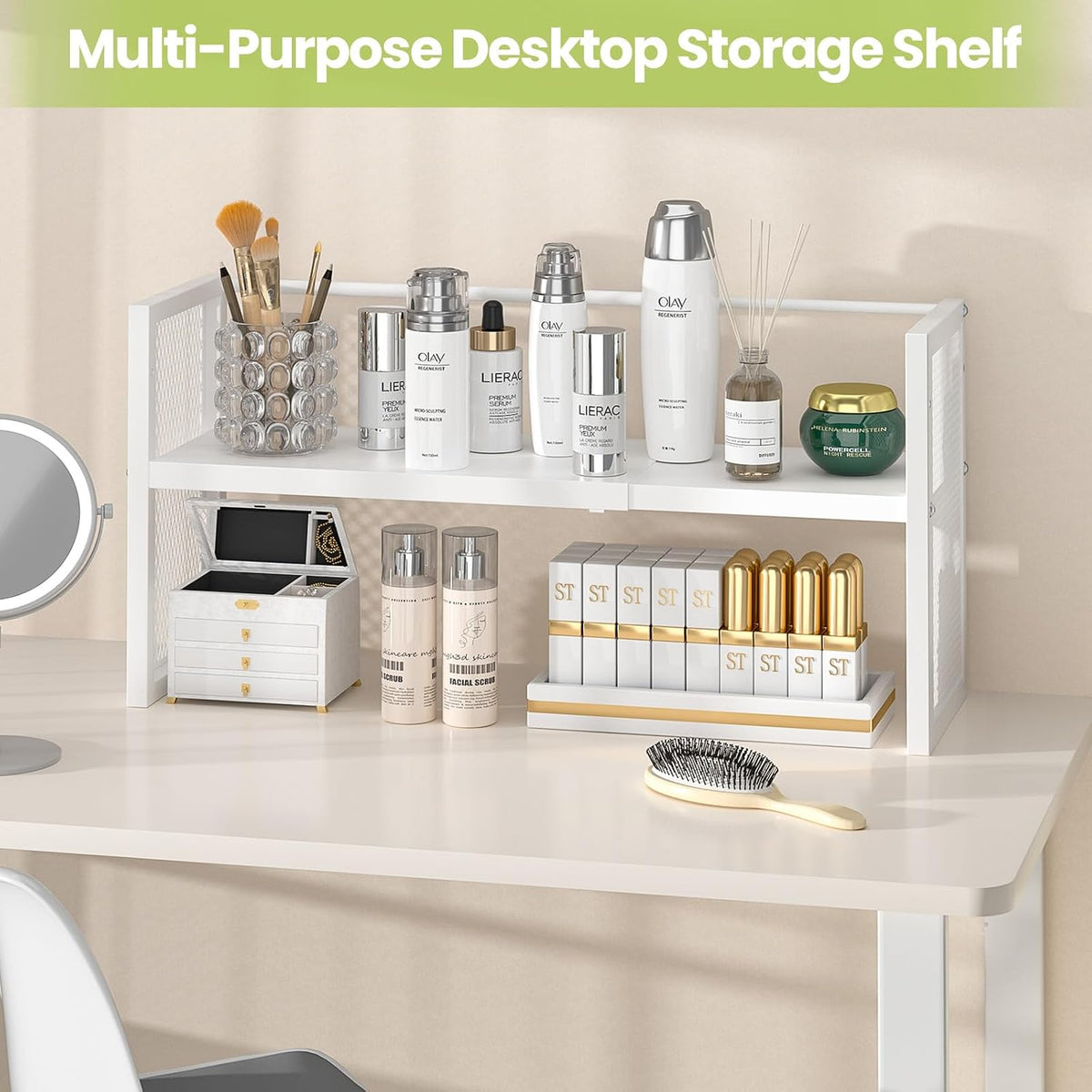 Expandable Desktop Bookshelf, Metal Desk Shelf Organizer Adjustable Height