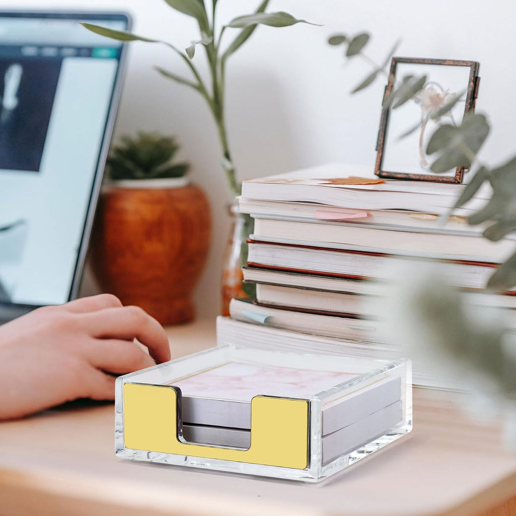 MultiBey Gold Sticky Note Holder Clear Acrylic Memo Pad Dispenser | Post Note Pad Holders Aesthetic Desk Supplies Organizer Accessories for Office Home Schools (Gold)