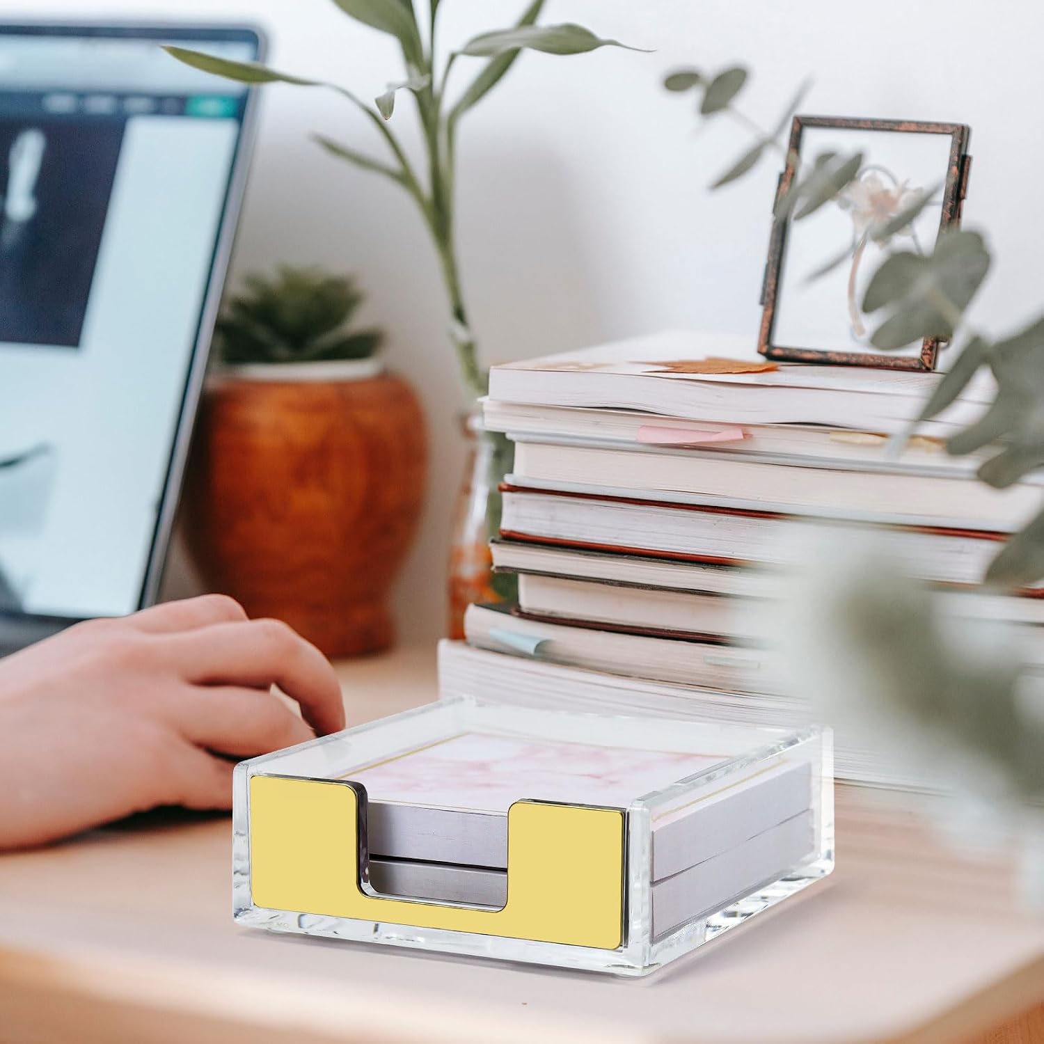 MultiBey Gold Sticky Note Holder Clear Acrylic Memo Pad Dispenser | Post Note Pad Holders Aesthetic Desk Supplies Organizer Accessories for Office Home Schools (Gold)